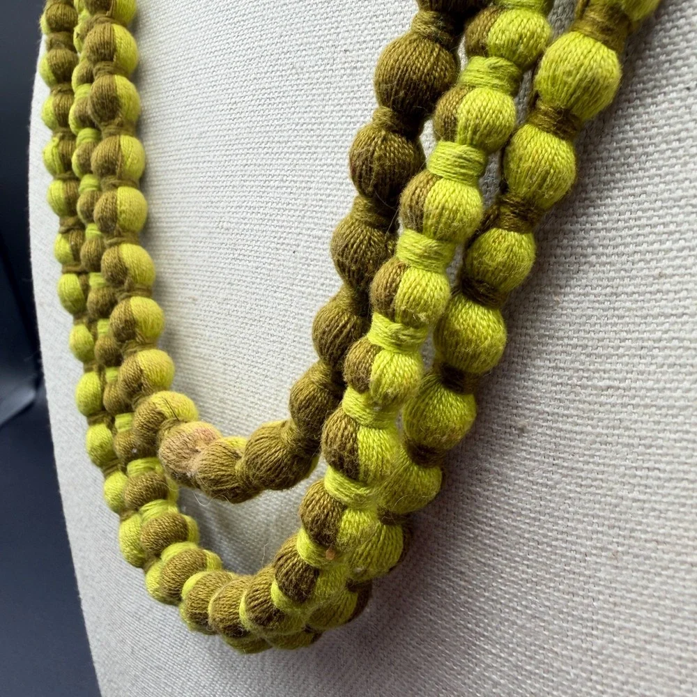 Green Ombre Tone Fabric Bead Necklace Multi Strand Knotted Statement Jewelry
